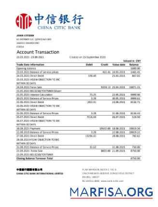 Blank China Citic Bank Corp bank statement excel download for verification